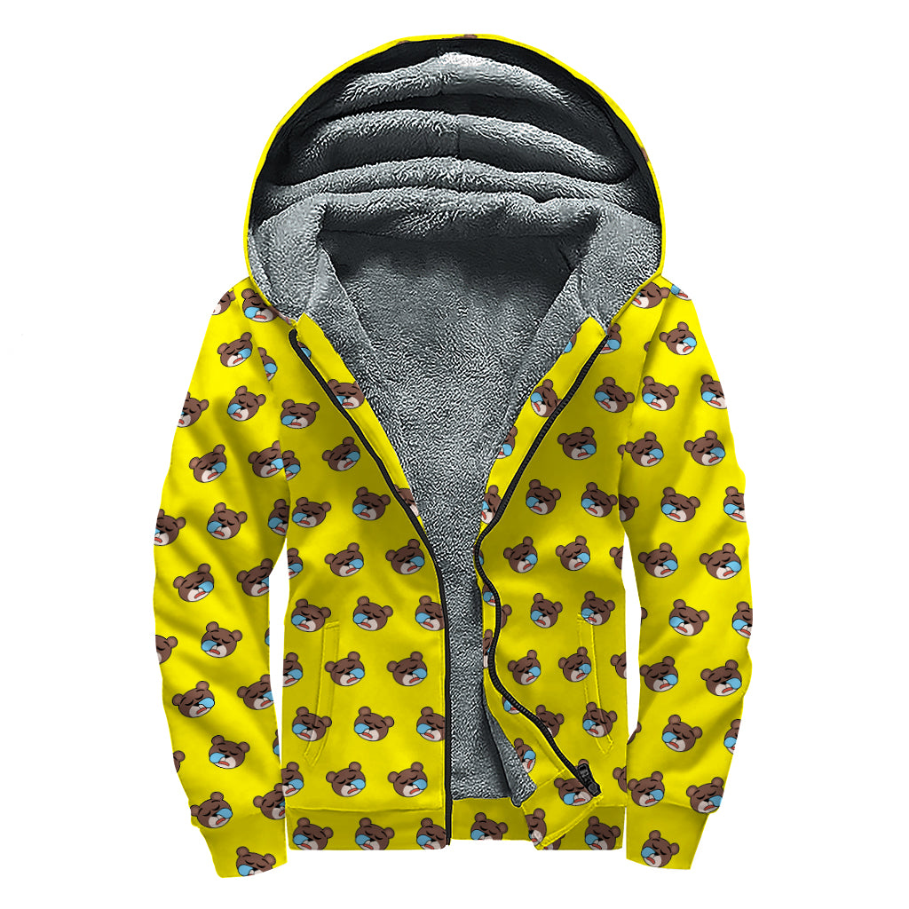 Sleeping Bear Emoji Pattern Print Sherpa Lined Zip Up Hoodie