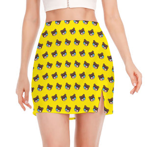 Sleeping Bear Emoji Pattern Print Side Slit Mini Skirt