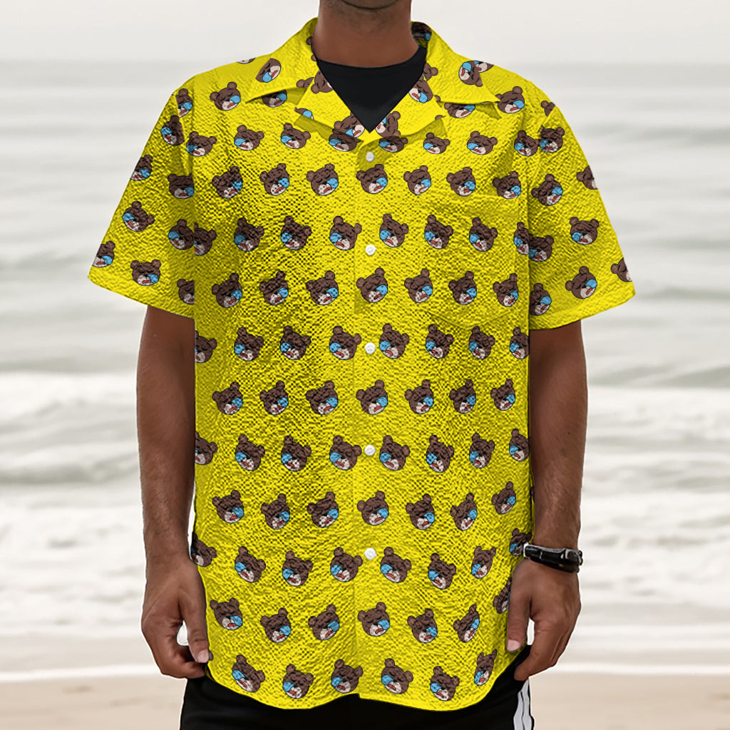 Sleeping Bear Emoji Pattern Print Textured Short Sleeve Shirt