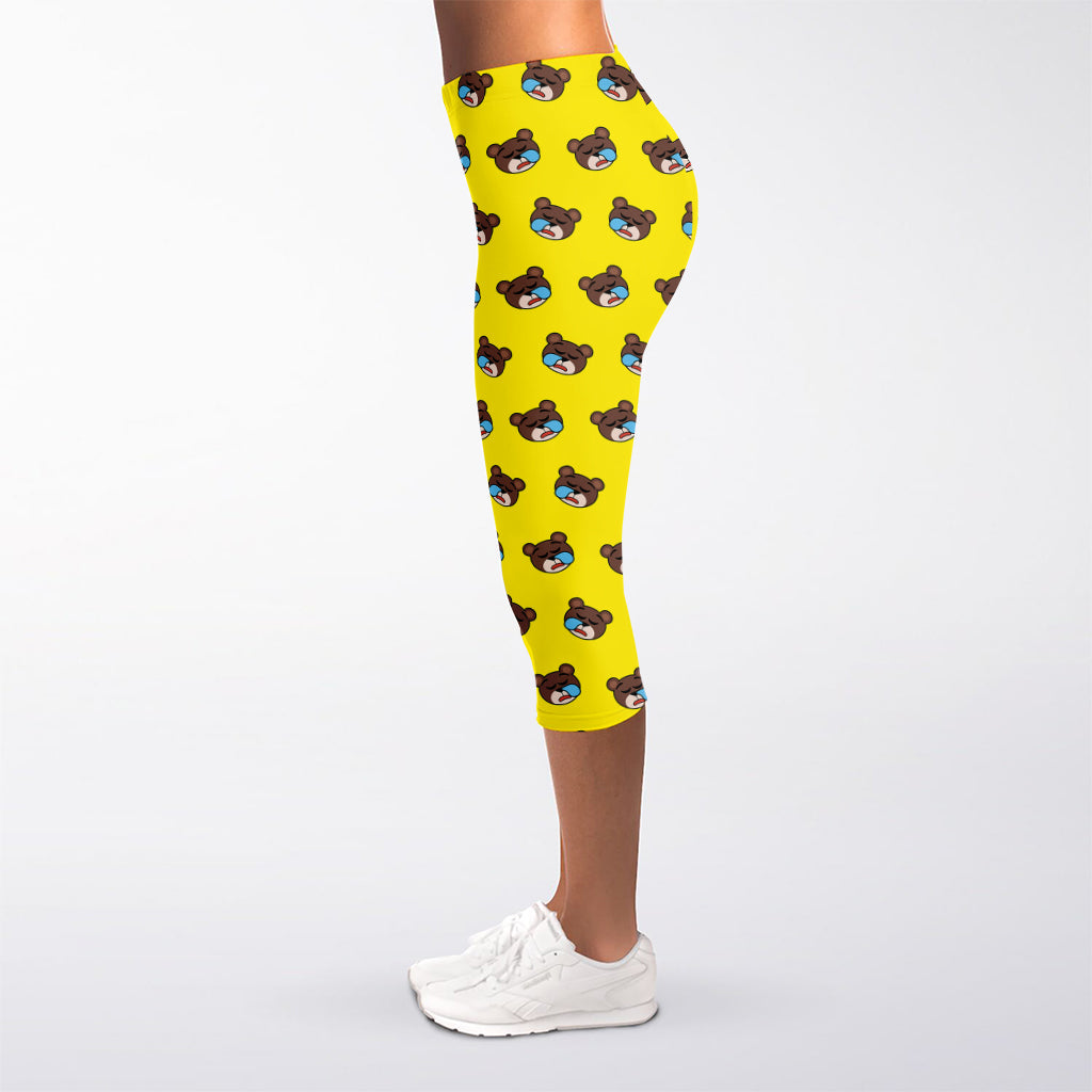 Sleeping Bear Emoji Pattern Print Women's Capri Leggings