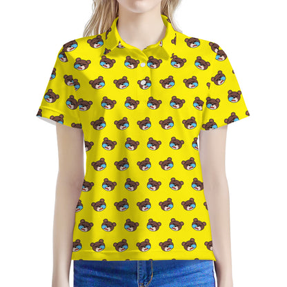 Sleeping Bear Emoji Pattern Print Women's Polo Shirt