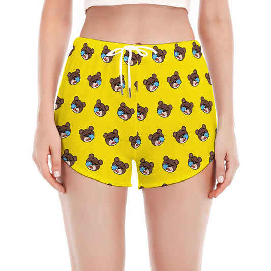 Sleeping Bear Emoji Pattern Print Women's Split Running Shorts
