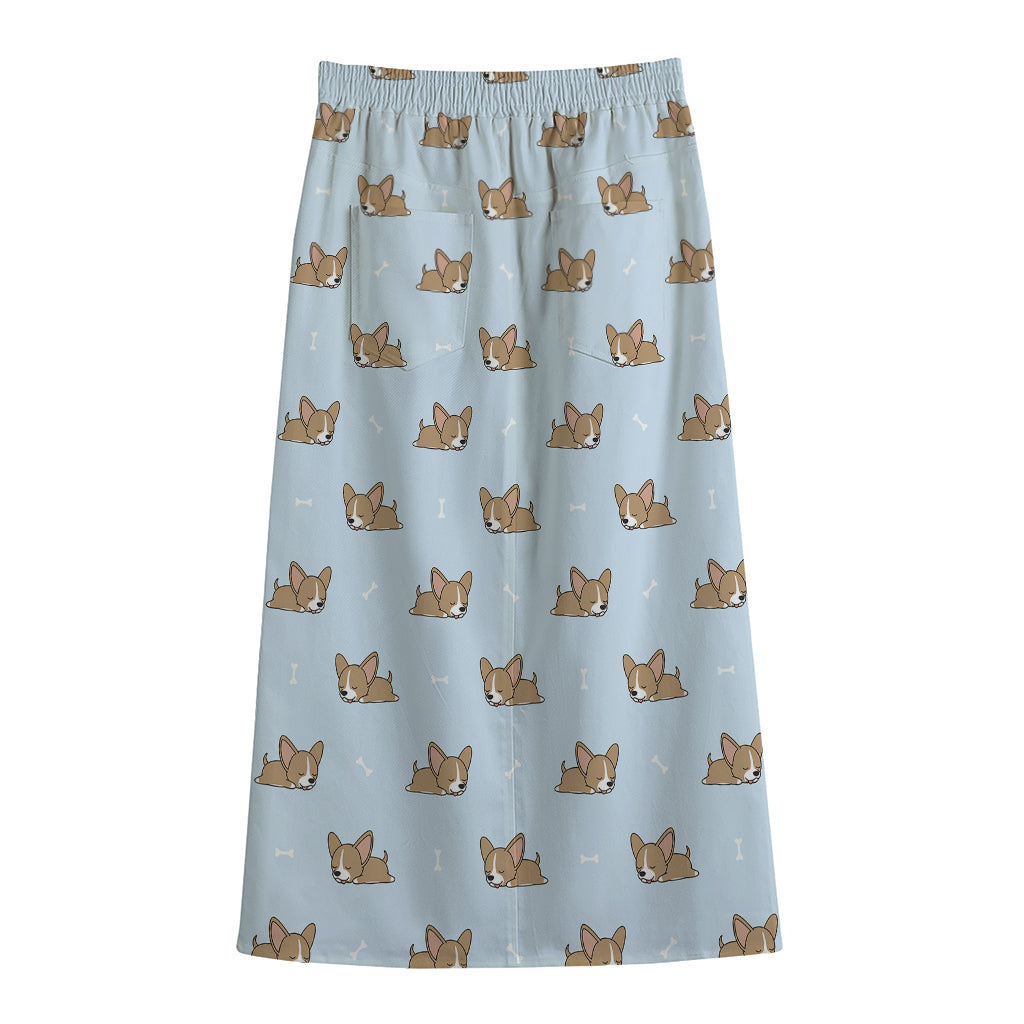 Sleeping Chihuahua Pattern Print Cotton Front Slit Maxi Skirt