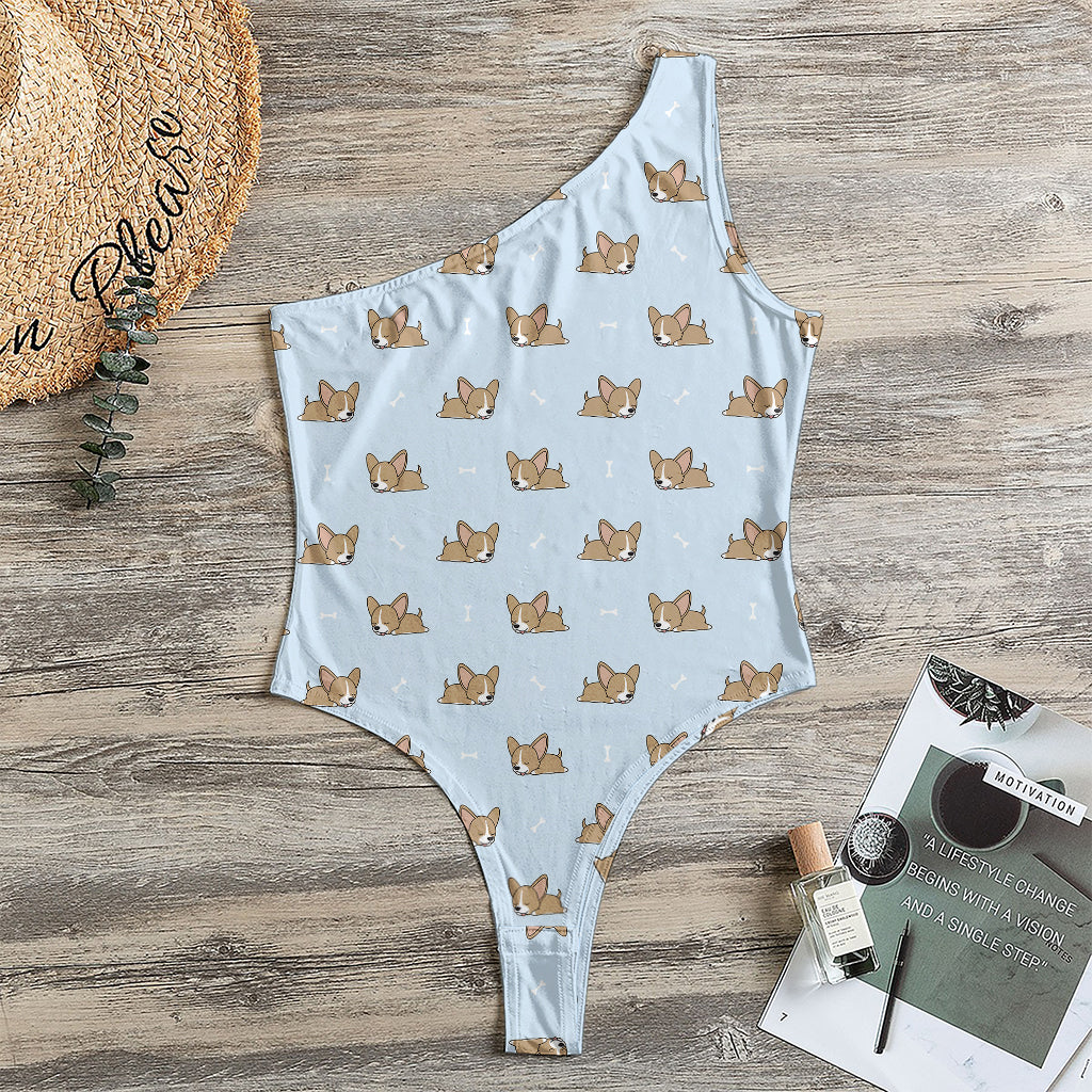 Sleeping Chihuahua Pattern Print One Shoulder Bodysuit