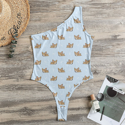 Sleeping Chihuahua Pattern Print One Shoulder Bodysuit