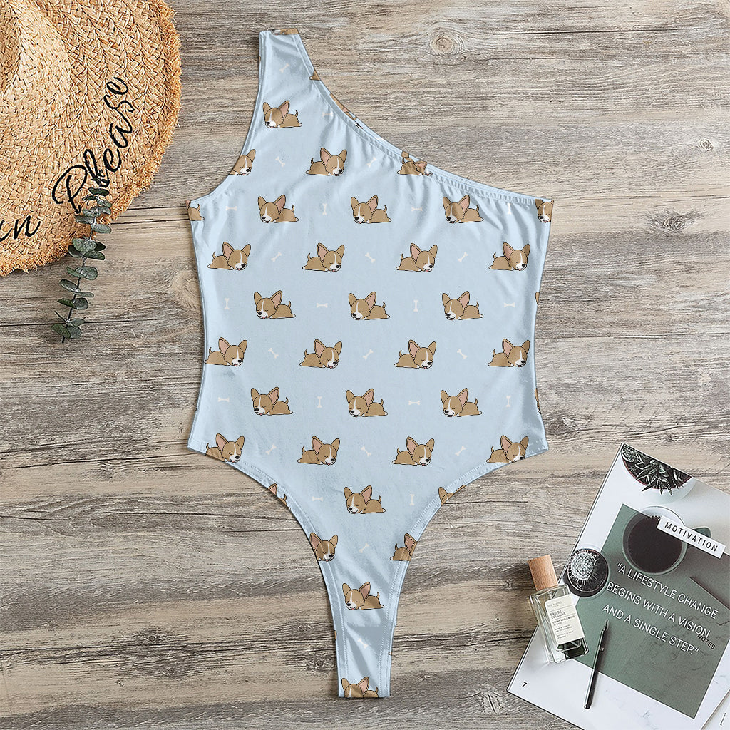 Sleeping Chihuahua Pattern Print One Shoulder Bodysuit