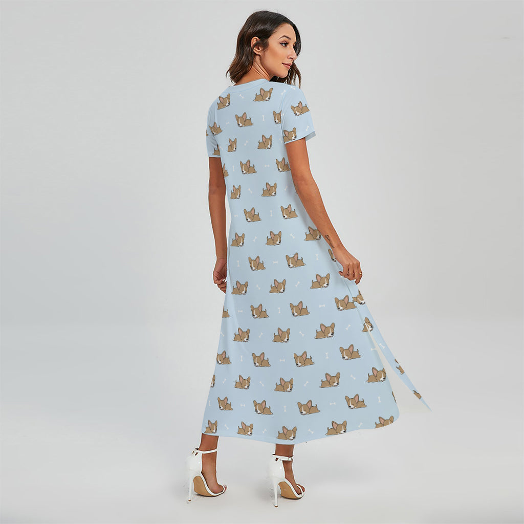 Sleeping Chihuahua Pattern Print Short Sleeve Maxi Dress