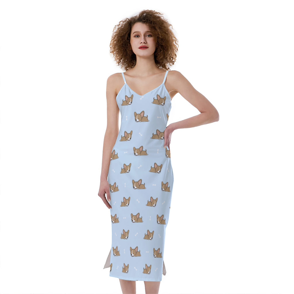 Sleeping Chihuahua Pattern Print Slim Fit Midi Cami Dress