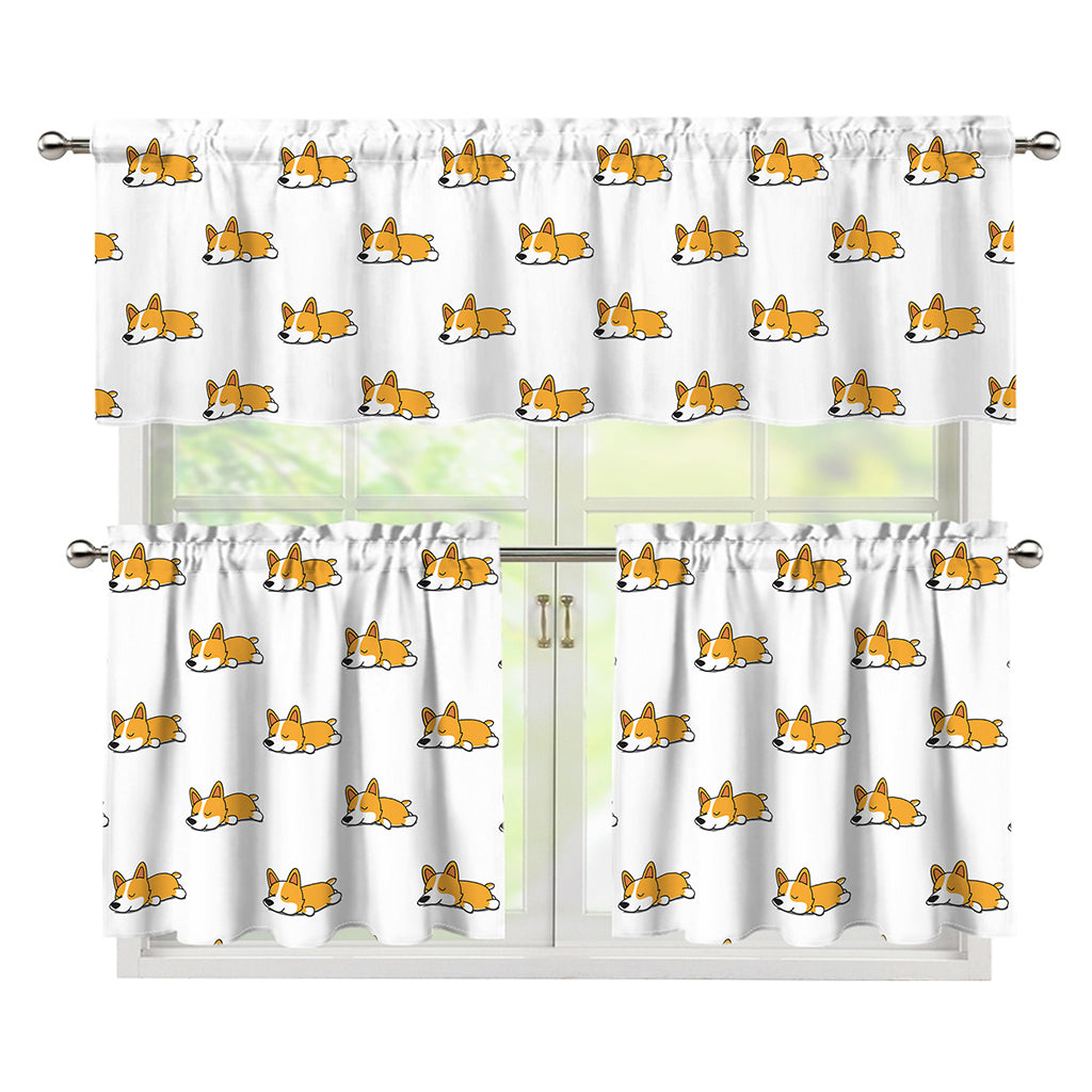 Sleeping Corgi Pattern Print 3 Piece Kitchen Curtains