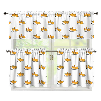 Sleeping Corgi Pattern Print 3 Piece Kitchen Curtains