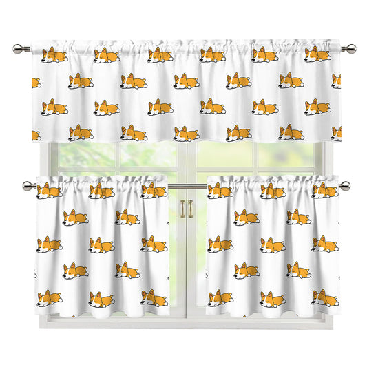 Sleeping Corgi Pattern Print 3 Piece Kitchen Curtains
