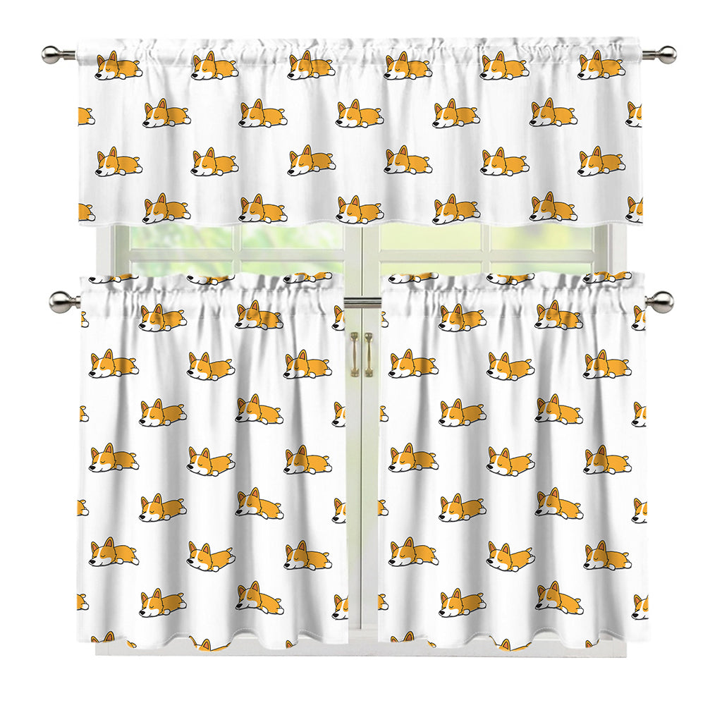 Sleeping Corgi Pattern Print 3 Piece Kitchen Curtains