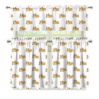 Sleeping Corgi Pattern Print 3 Piece Kitchen Curtains