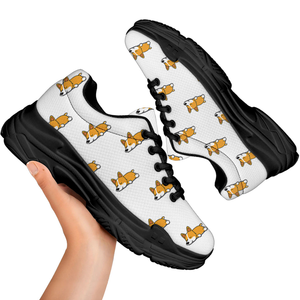 Sleeping Corgi Pattern Print Black Chunky Shoes