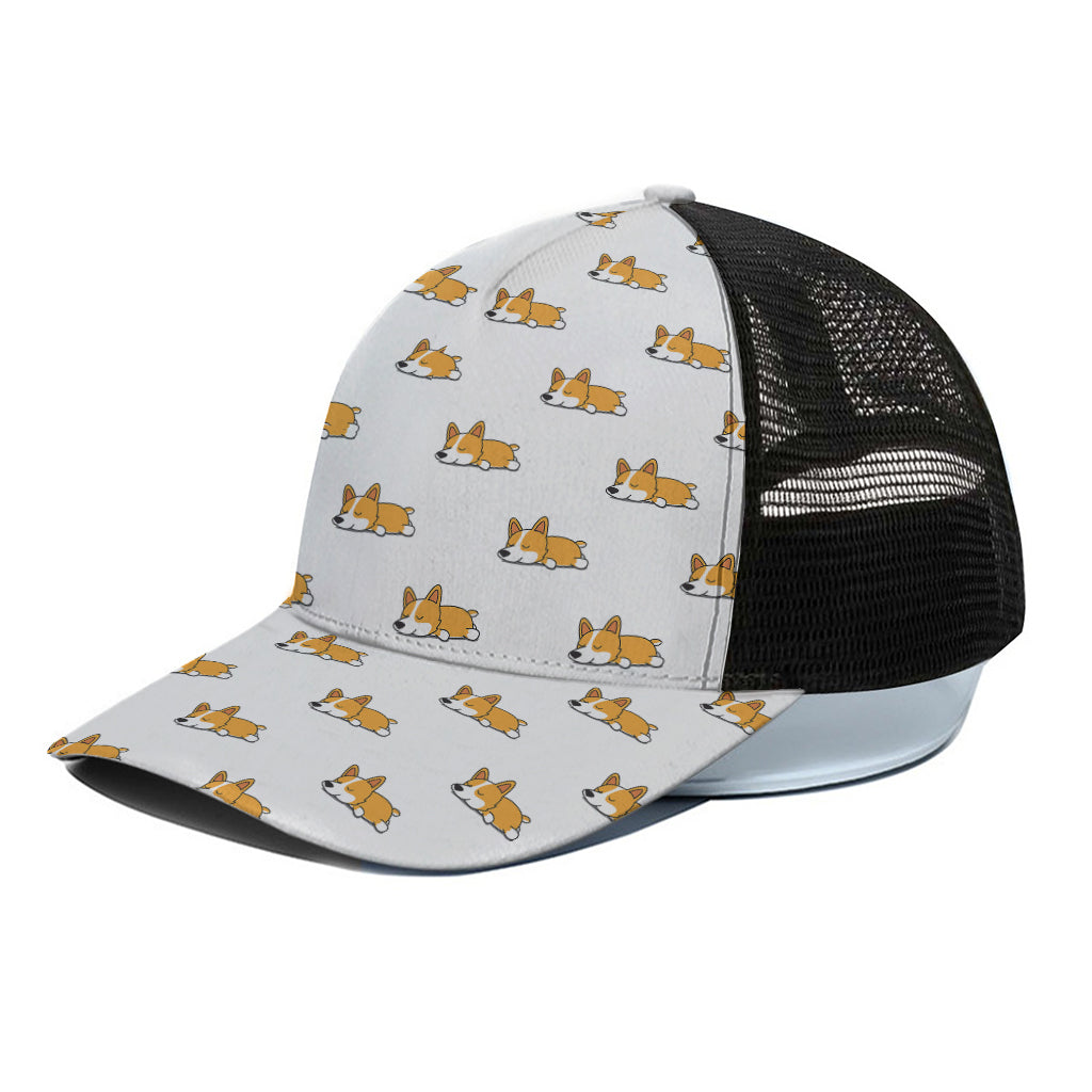 Sleeping Corgi Pattern Print Black Mesh Trucker Cap