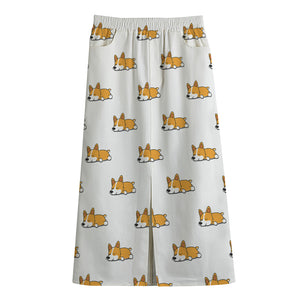 Sleeping Corgi Pattern Print Cotton Front Slit Maxi Skirt