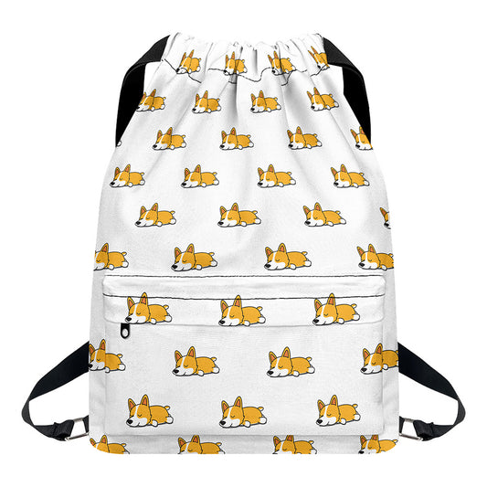 Sleeping Corgi Pattern Print Drawstring Backpack