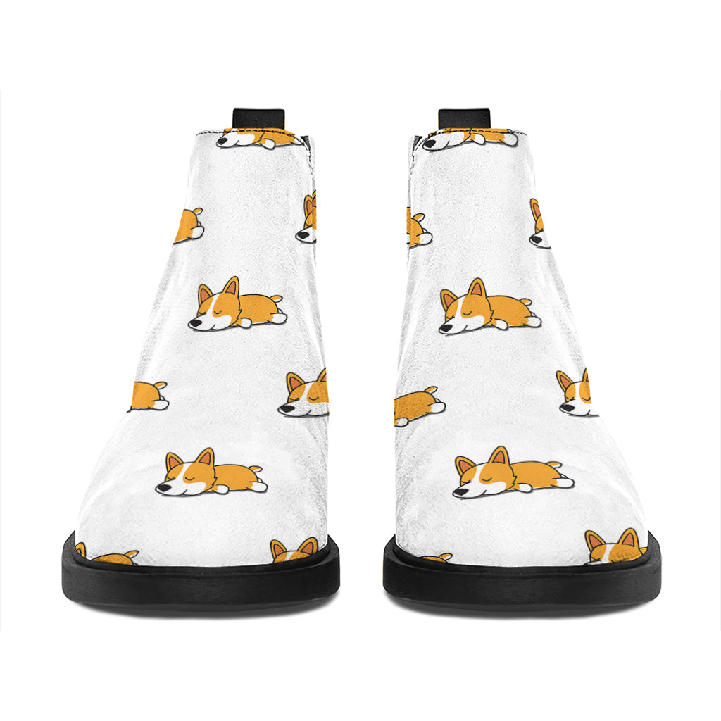 Sleeping Corgi Pattern Print Flat Ankle Boots