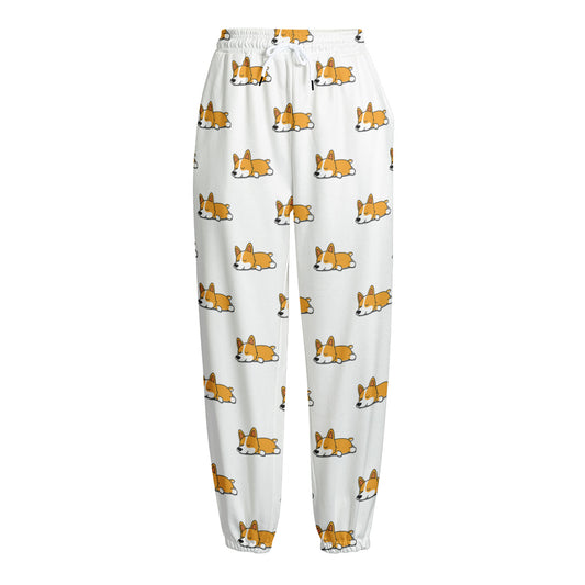 Sleeping Corgi Pattern Print Fleece Lined Knit Pants