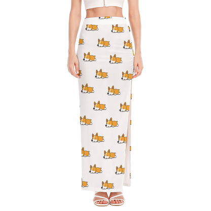 Sleeping Corgi Pattern Print High Slit Maxi Skirt
