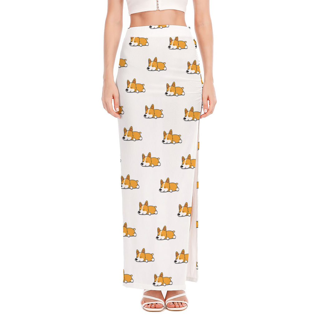 Sleeping Corgi Pattern Print High Slit Maxi Skirt