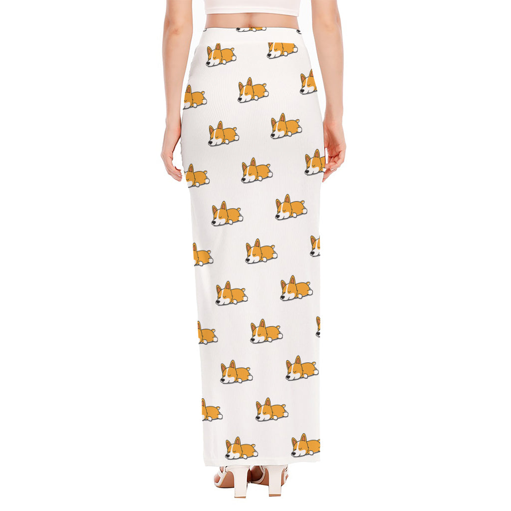 Sleeping Corgi Pattern Print High Slit Maxi Skirt