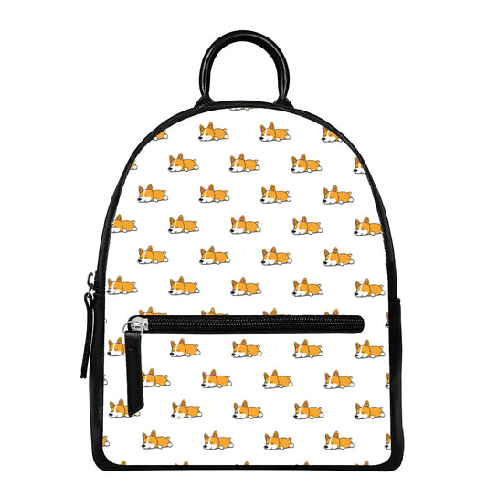 Sleeping Corgi Pattern Print Leather Backpack