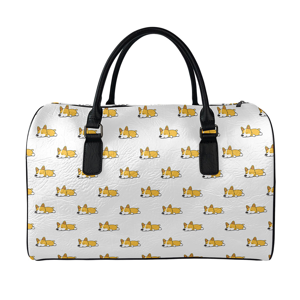 Sleeping Corgi Pattern Print Leather Duffle Bag