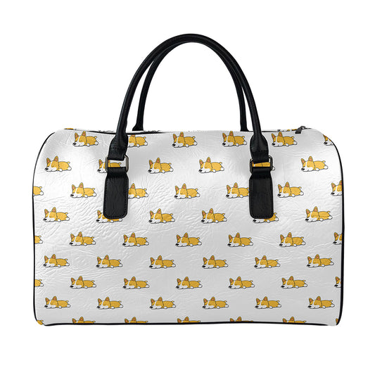 Sleeping Corgi Pattern Print Leather Duffle Bag