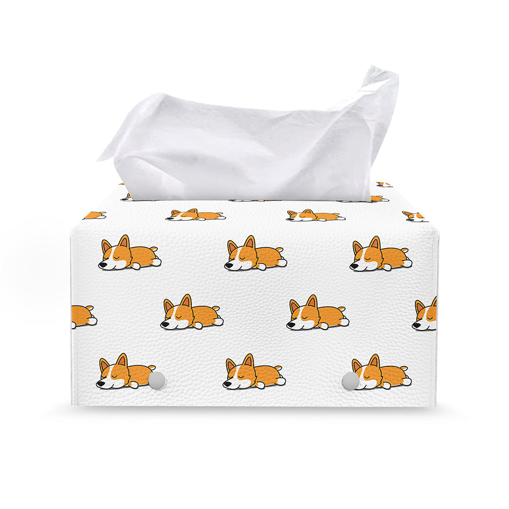 Sleeping Corgi Pattern Print Leather Tissue Box Cover