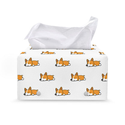Sleeping Corgi Pattern Print Leather Tissue Box Cover