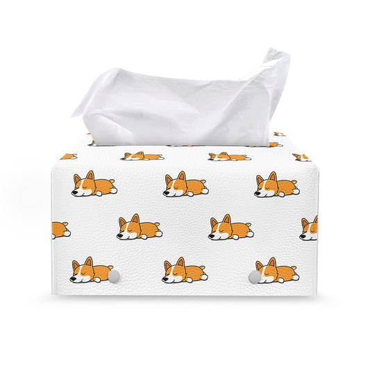 Sleeping Corgi Pattern Print Leather Tissue Box Cover