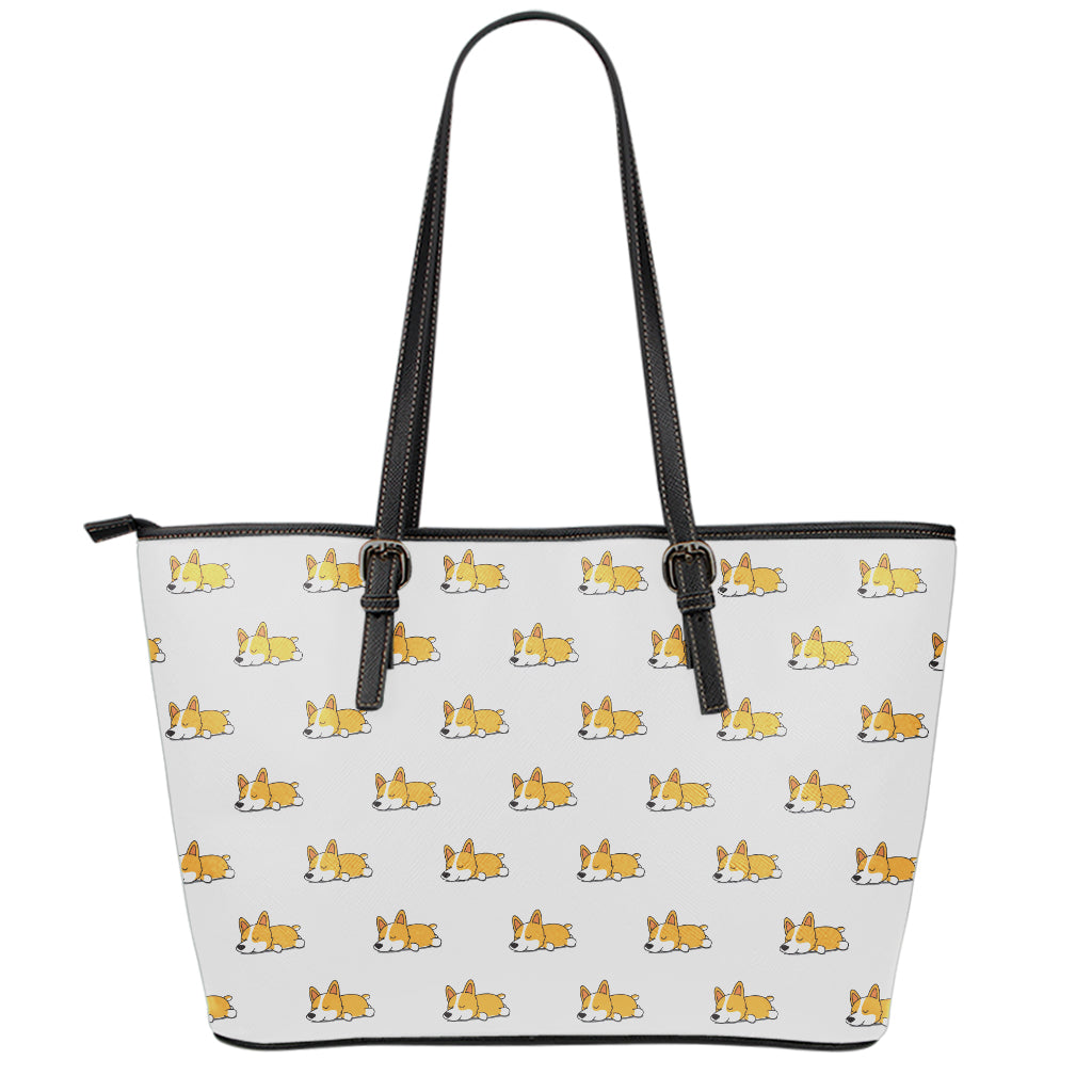 Sleeping Corgi Pattern Print Leather Tote Bag