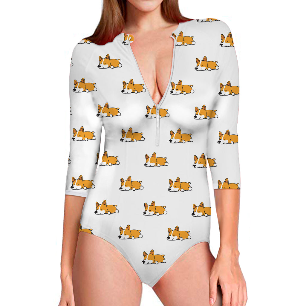 Sleeping Corgi Pattern Print Long Sleeve Swimsuit