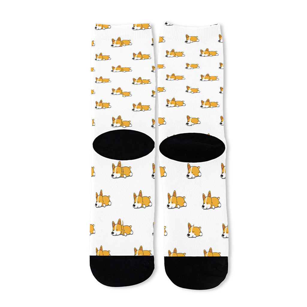 Sleeping Corgi Pattern Print Long Socks