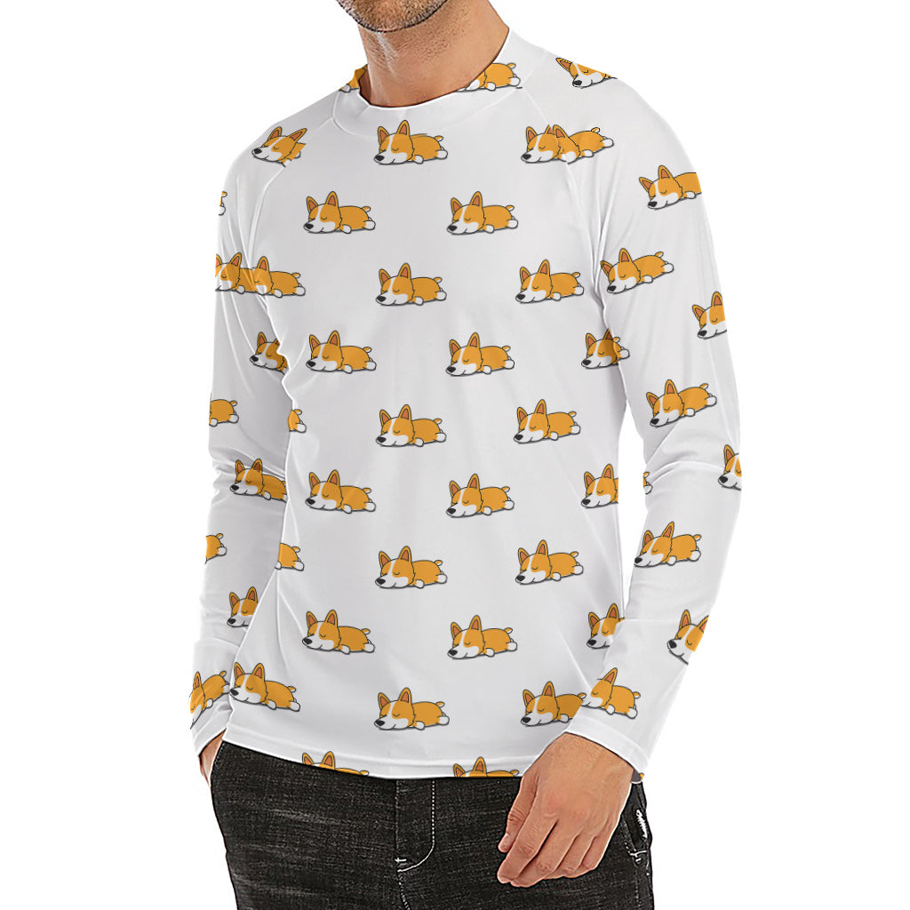 Sleeping Corgi Pattern Print Men's Long Sleeve Rash Guard