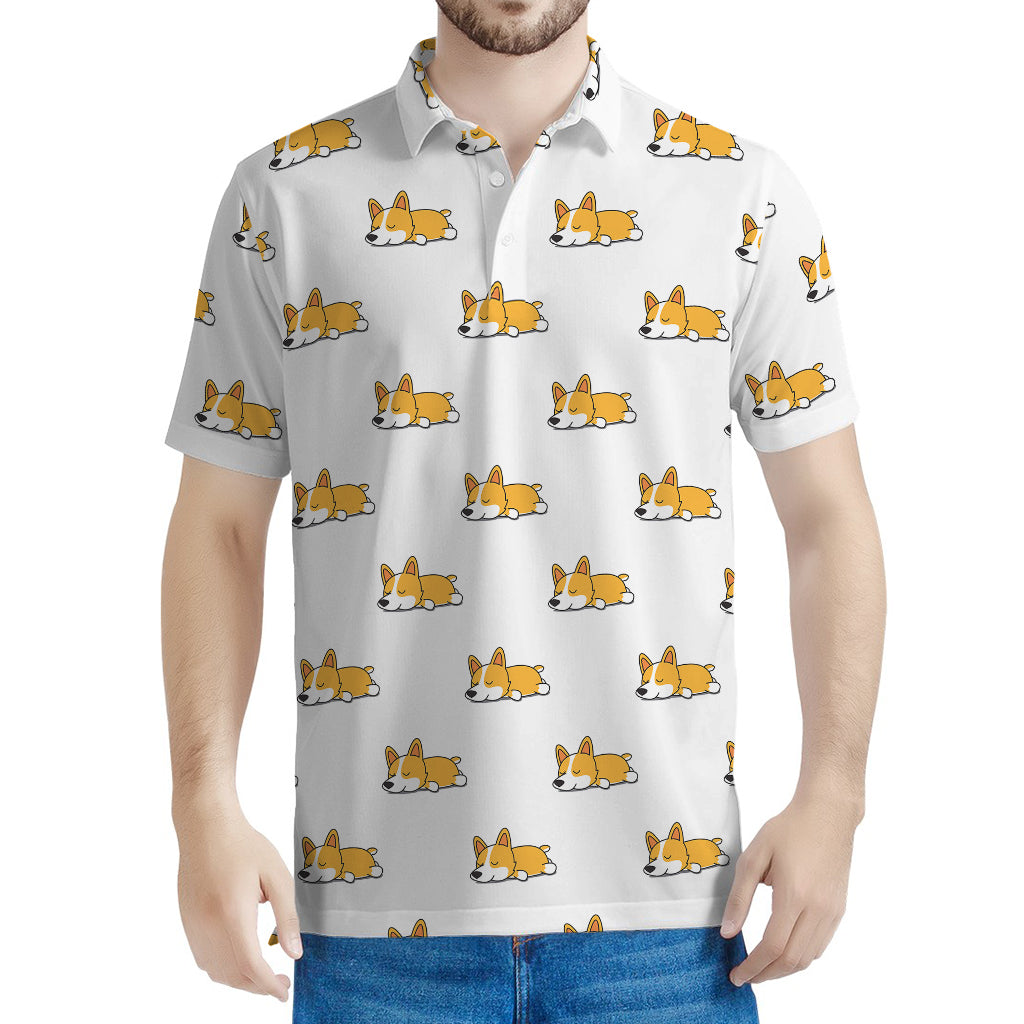 Sleeping Corgi Pattern Print Men's Polo Shirt