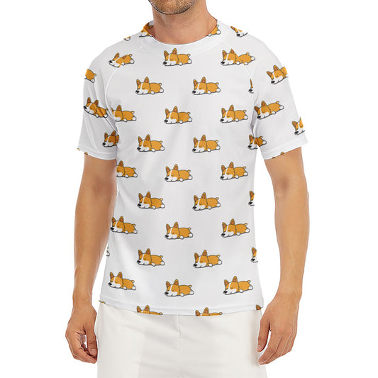 Sleeping Corgi Pattern Print Men's Short Sleeve Rash Guard
