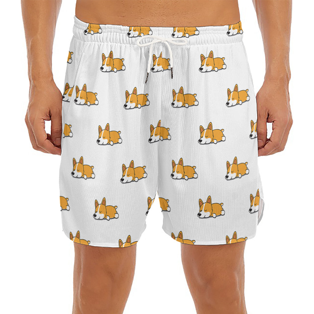 Sleeping Corgi Pattern Print Men's Split Running Shorts