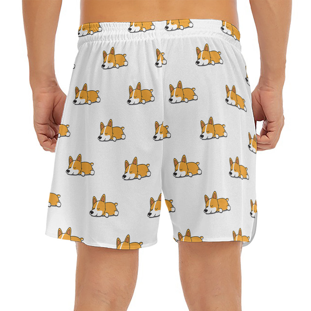 Sleeping Corgi Pattern Print Men's Split Running Shorts