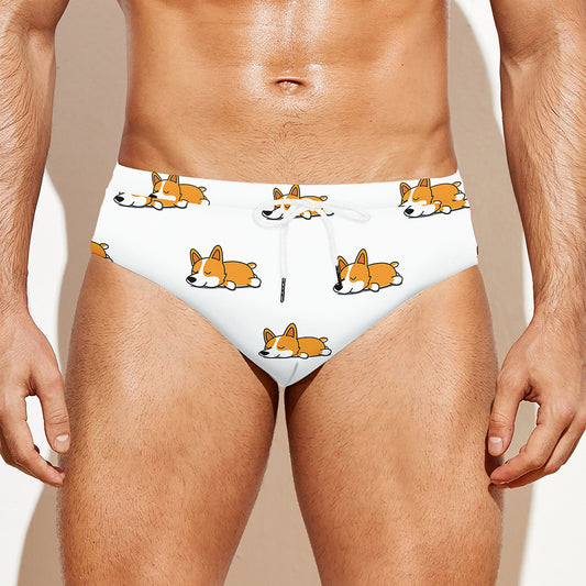 Sleeping Corgi Pattern Print Men's Swim Briefs