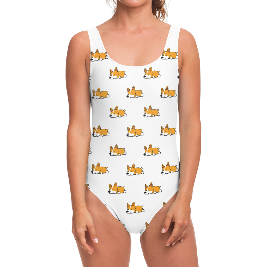 Sleeping Corgi Pattern Print One Piece Swimsuit