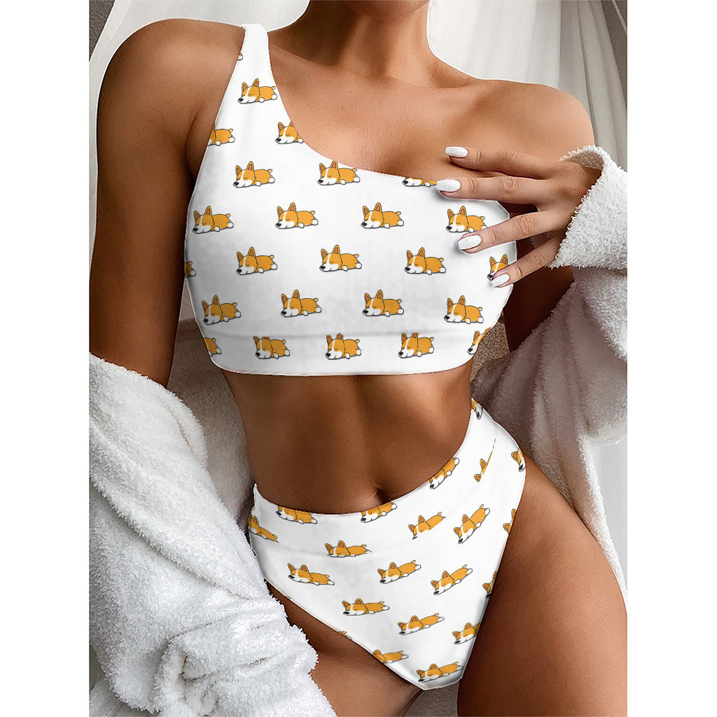 Sleeping Corgi Pattern Print One Shoulder Bikini Top