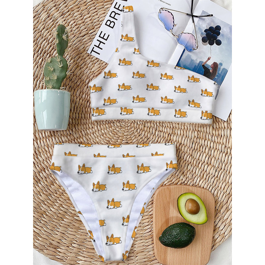 Sleeping Corgi Pattern Print One Shoulder Bikini Top