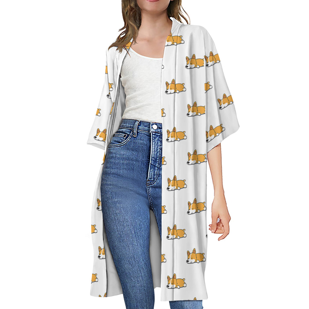 Sleeping Corgi Pattern Print Open Front Beach Cover Up