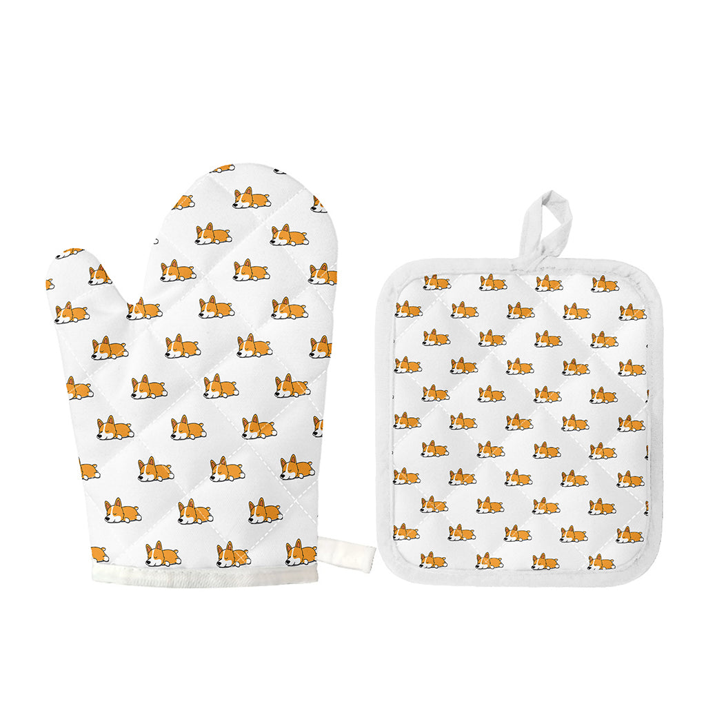 Sleeping Corgi Pattern Print Oven Mitt And Pot Holder Set