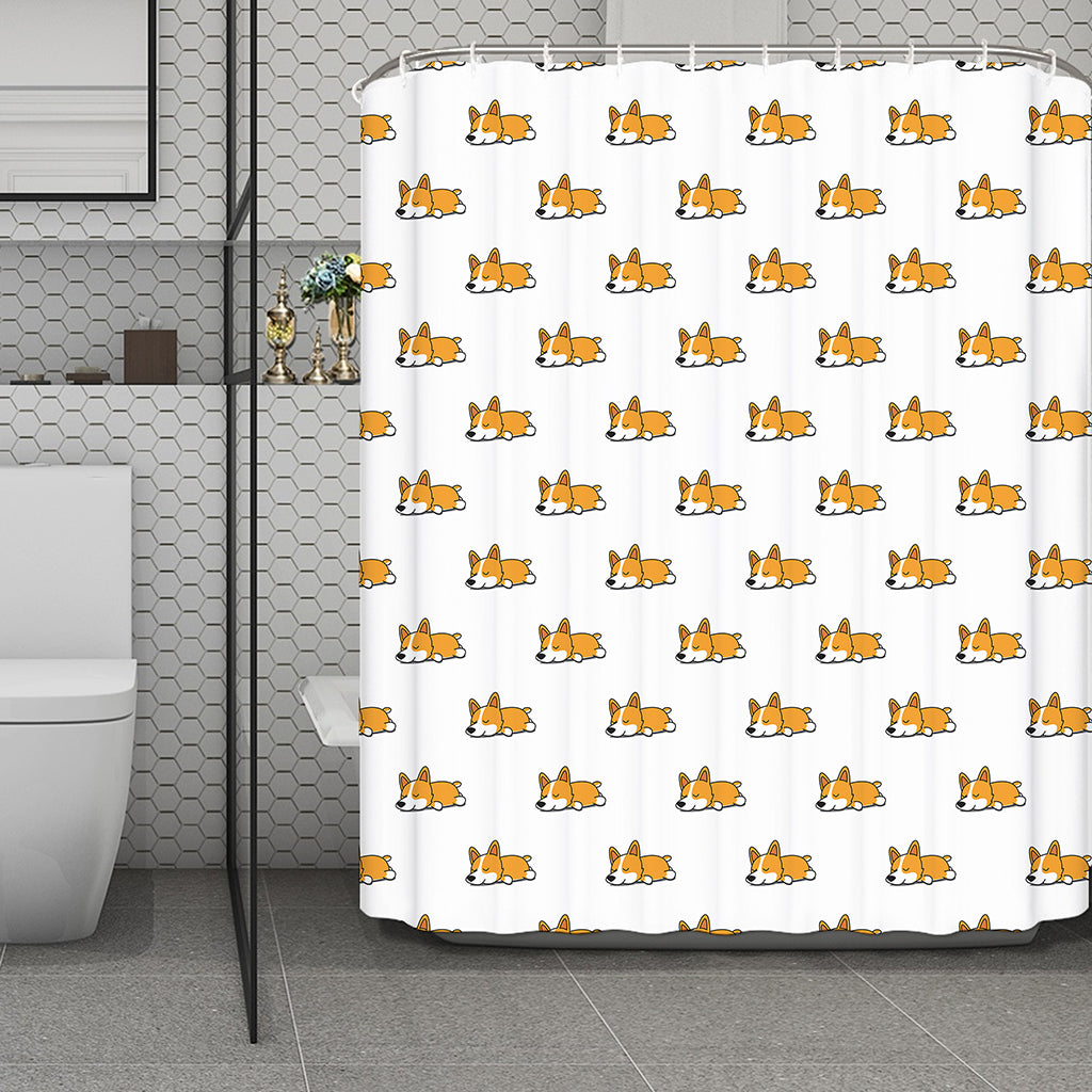 Sleeping Corgi Pattern Print Polyester Shower Curtain