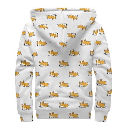 Sleeping Corgi Pattern Print Sherpa Lined Zip Up Hoodie