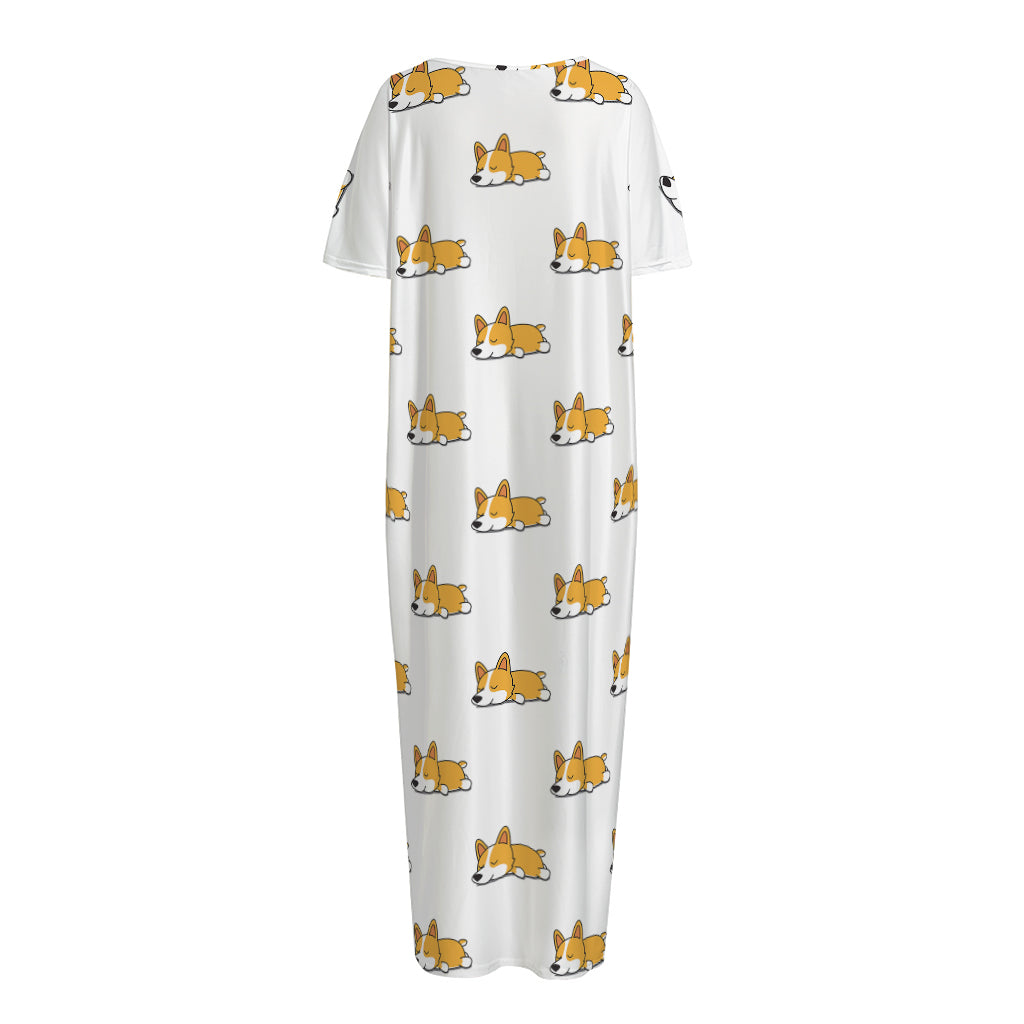 Sleeping Corgi Pattern Print Short Sleeve Long Nightdress