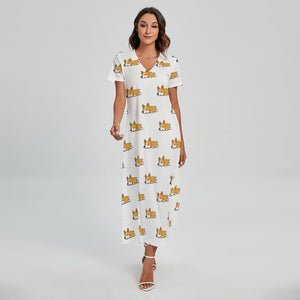 Sleeping Corgi Pattern Print Short Sleeve Maxi Dress